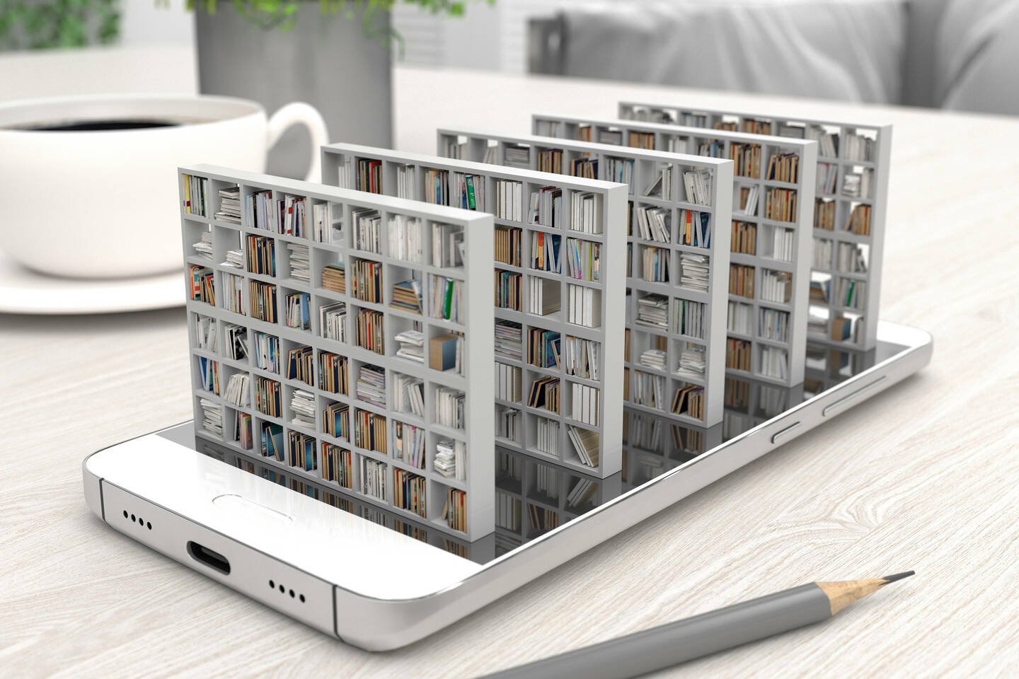 Elektronische Bibliothek ragt aus Smartphone heraus
